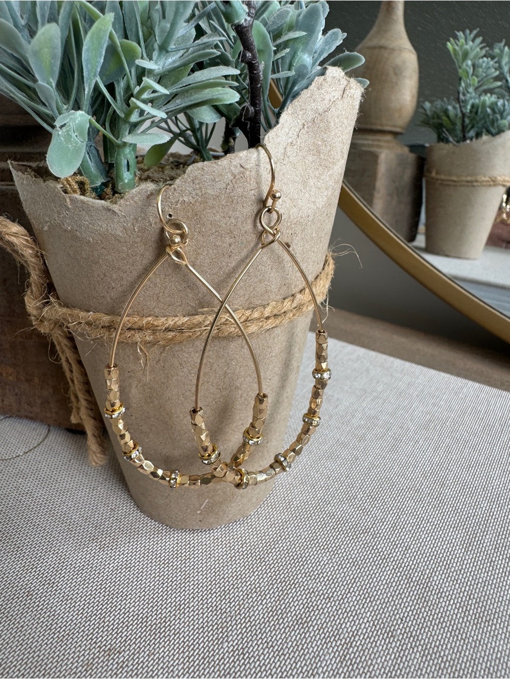 House of Harlow 1960 Gold Beaded Teardrop Dangle Earrings Boho Glam
